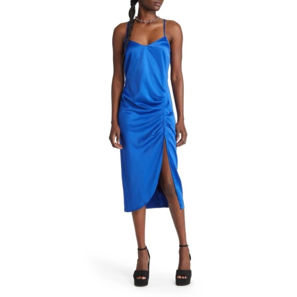 Open Edit Royal Blue Strappy Shirred Sleeveless Midi Dress